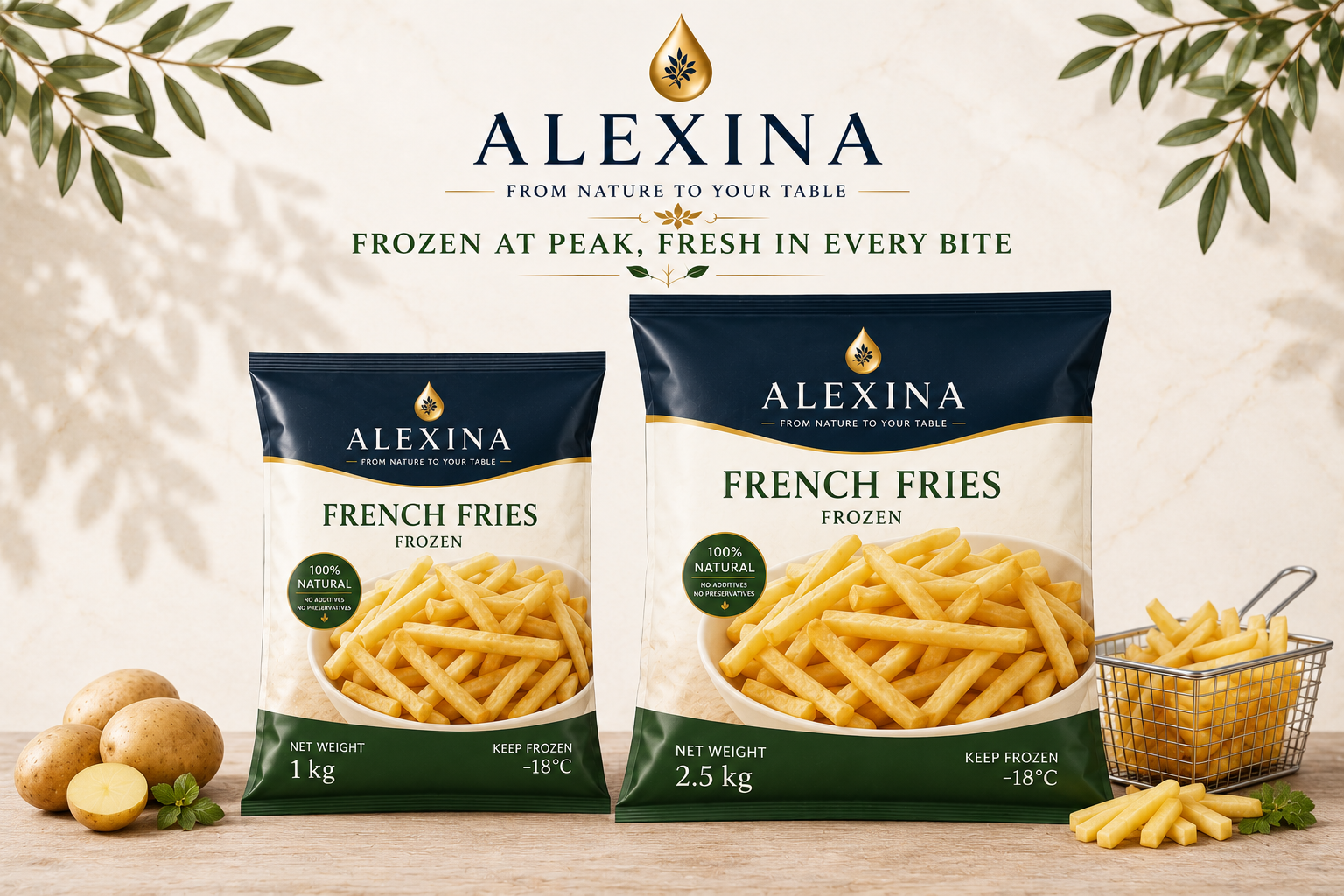 Premium Egyptian frozen French fries in different packaging sizes and cut styles by Alexina Foods for wholesale, private label, and international markets.