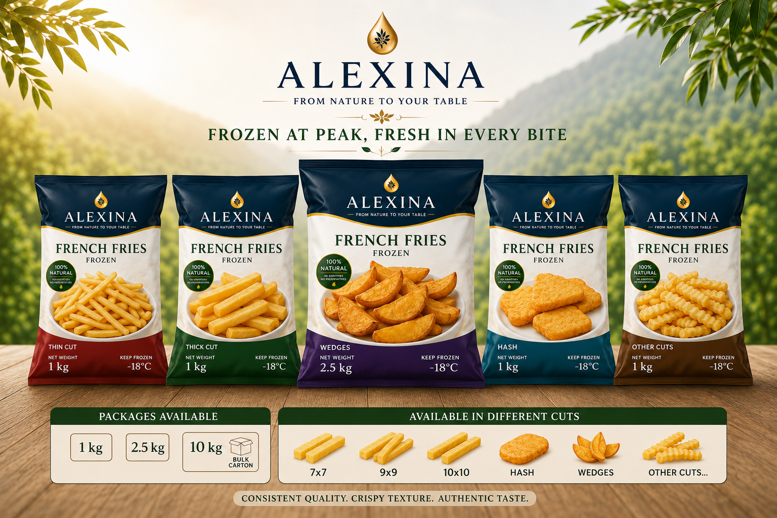 Premium Egyptian frozen French fries in different packaging sizes and cut styles by Alexina Foods for wholesale, private label, and international markets.