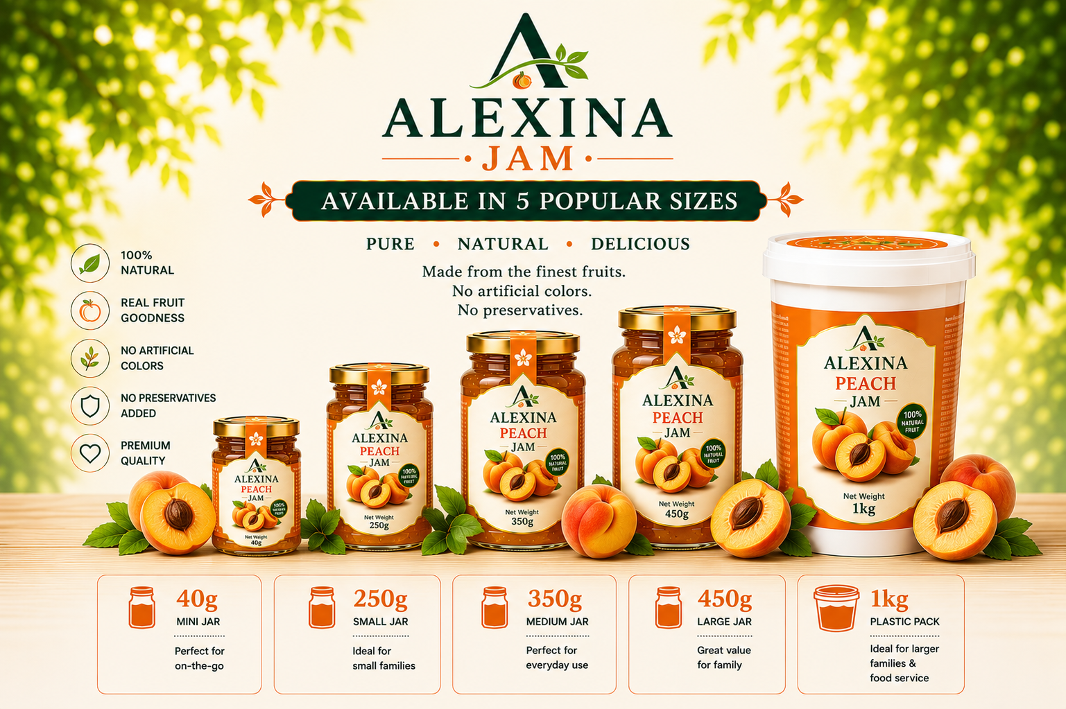 Premium Egyptian peach jam in different packaging sizes by Alexina Foods for wholesale, private label, and international markets.