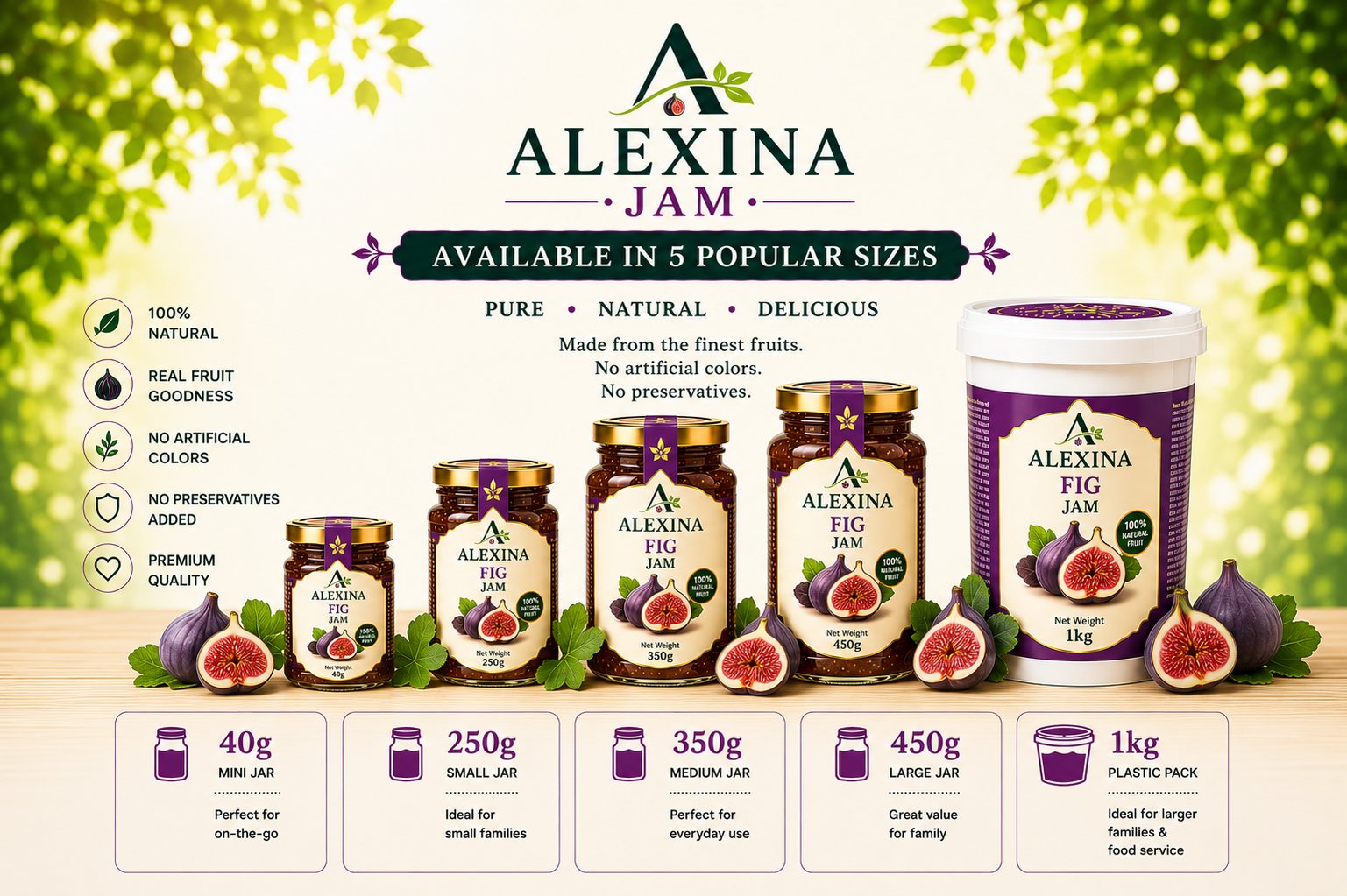 Premium Egyptian fig jam in different packaging sizes by Alexina Foods for wholesale, private label, and international markets.