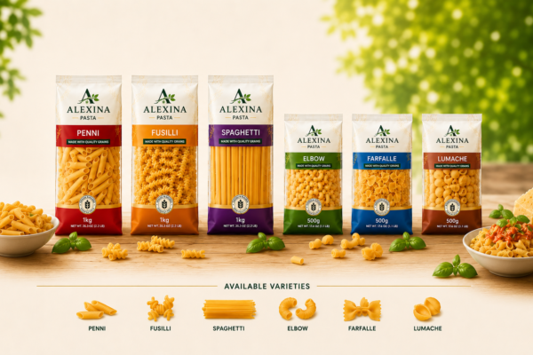 Premium Egyptian pasta in different varieties and packaging sizes by Alexina Foods for wholesale, private label, and international markets.