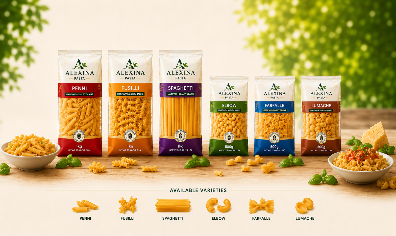 Premium Egyptian pasta in different varieties and packaging sizes by Alexina Foods for wholesale, private label, and international markets.