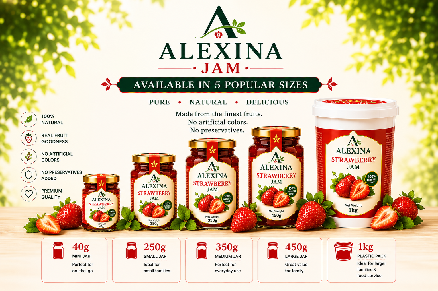 Premium Egyptian strawberry jam in different packaging sizes by Alexina Foods for wholesale, private label, and international markets.