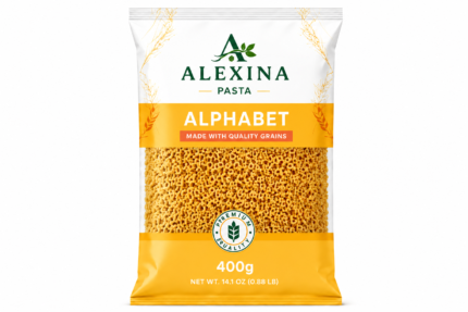 Alexina Premium Pasta Alphabet made from high-quality durum wheat semolina, premium Egyptian pasta supplier and exporter for wholesale and bulk orders.