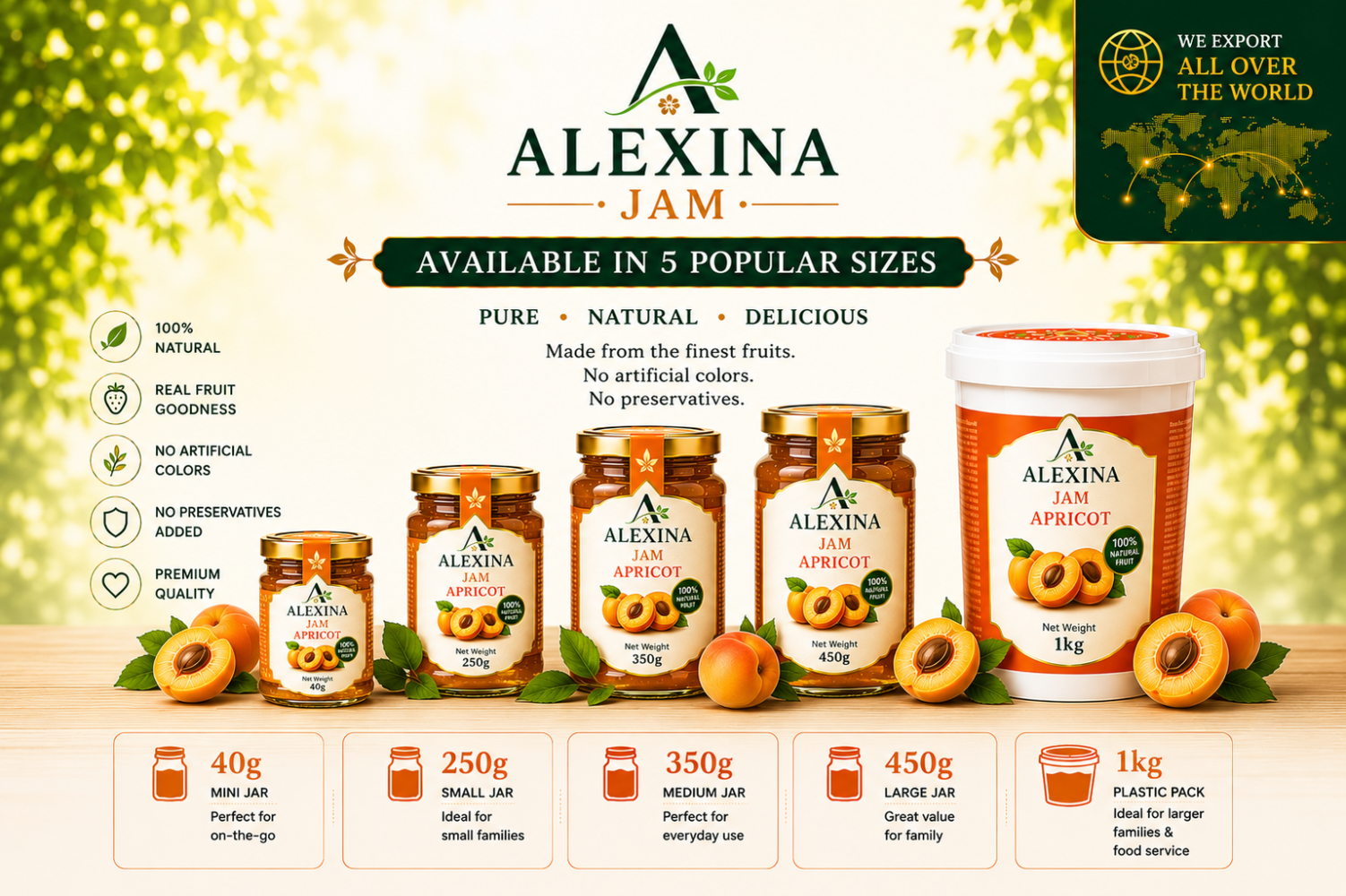 Premium Egyptian apricot jam in different packaging sizes by Alexina Foods for wholesale, private label, and international markets.