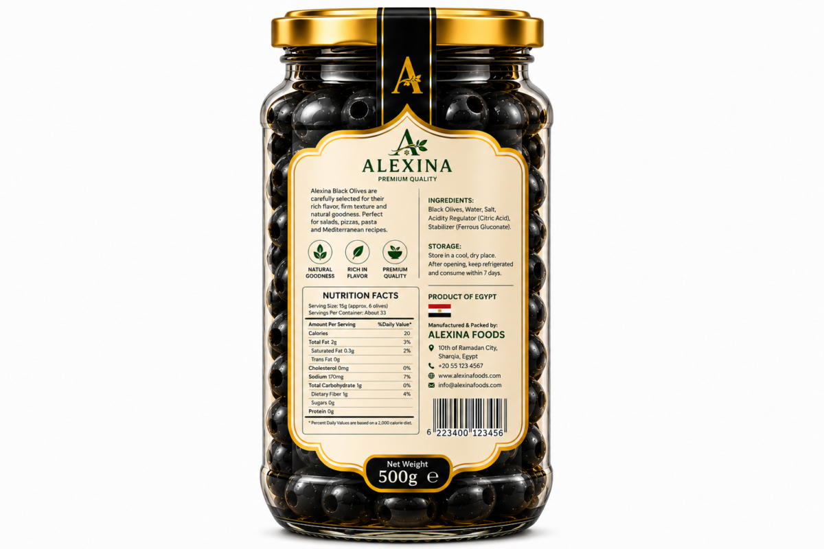 Premium Egyptian Black Olives in Glass Jar | Alexina Foods Exporter