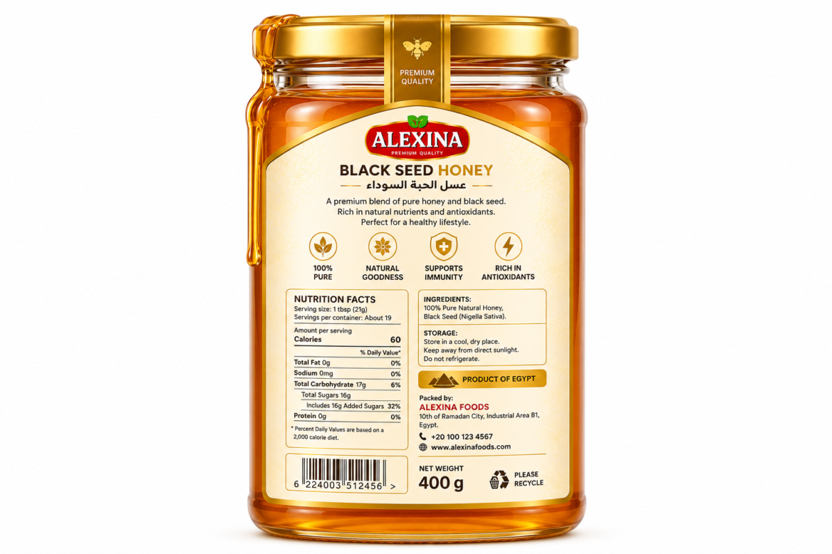 Alexina Premium Black Seed Honey, pure natural honey infused with black seed, premium Egyptian honey supplier and exporter for wholesale and bulk orders.