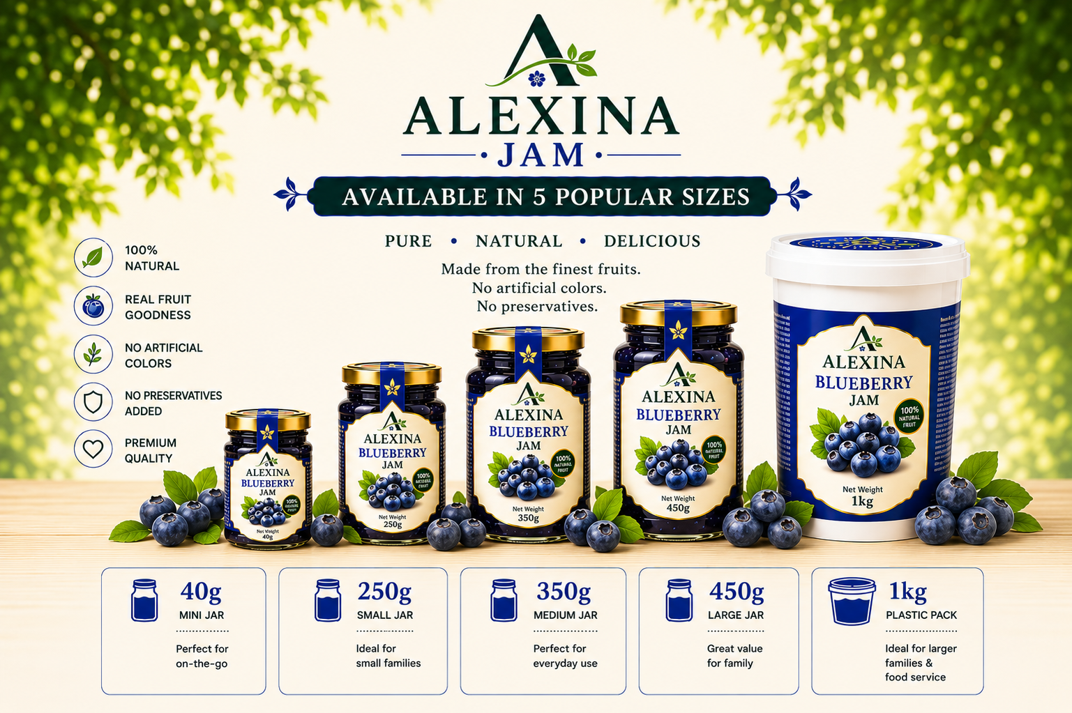 Premium Egyptian blueberry jam in different packaging sizes by Alexina Foods for wholesale, private label, and international markets.