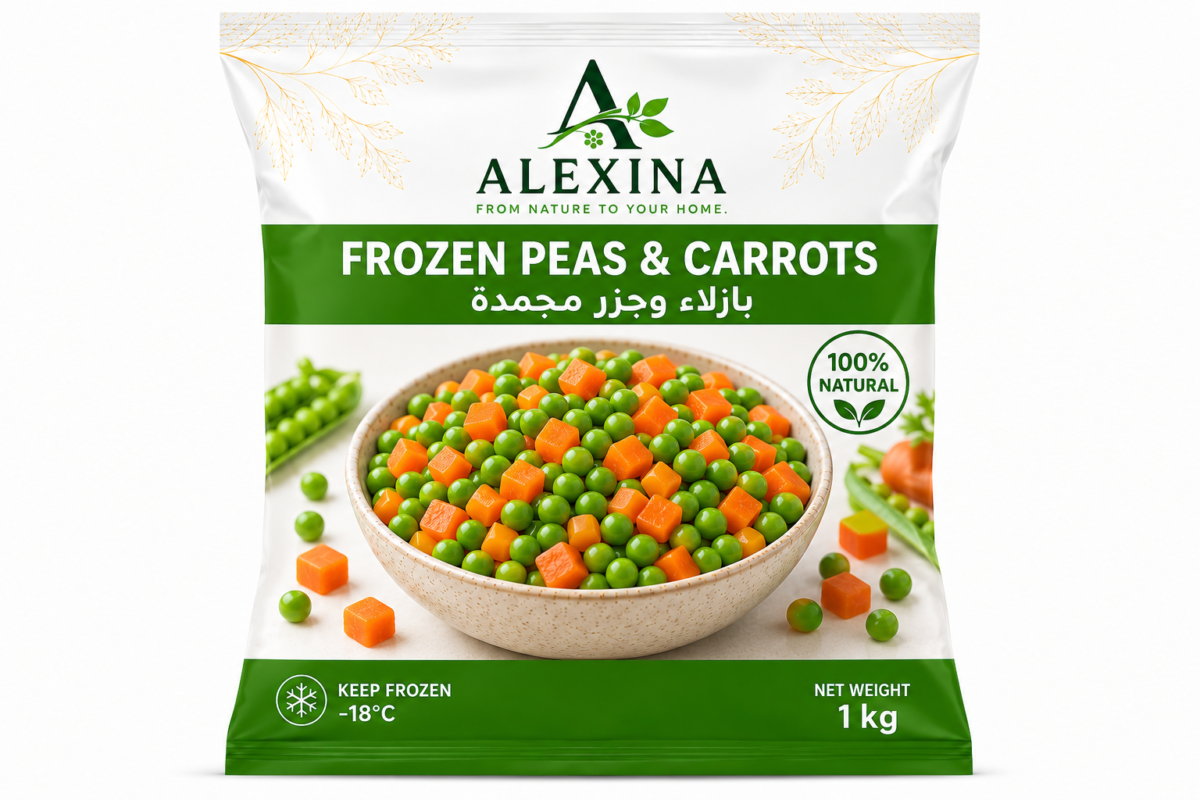 Premium Egyptian frozen peas and carrots by Alexina Foods, packed for wholesale, private label, food service, and worldwide export.