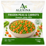 Premium Egyptian frozen peas and carrots by Alexina Foods, packed for wholesale, private label, food service, and worldwide export.