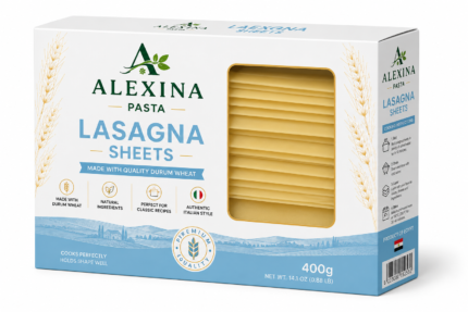 Alexina Premium Lasagna Sheets made from high-quality durum wheat semolina, premium Egyptian pasta supplier and exporter for wholesale and bulk orders.