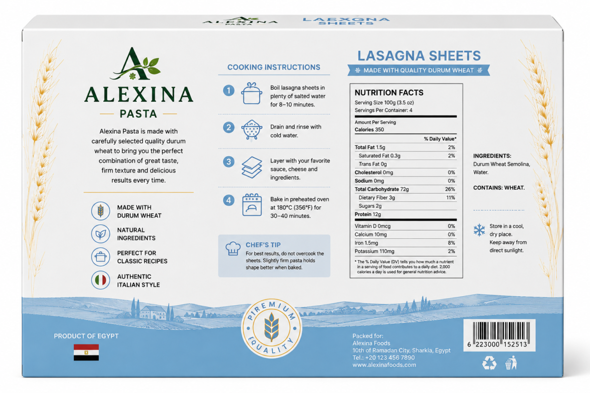 Alexina Premium Lasagna Sheets made from high-quality durum wheat semolina, premium Egyptian pasta supplier and exporter for wholesale and bulk orders.