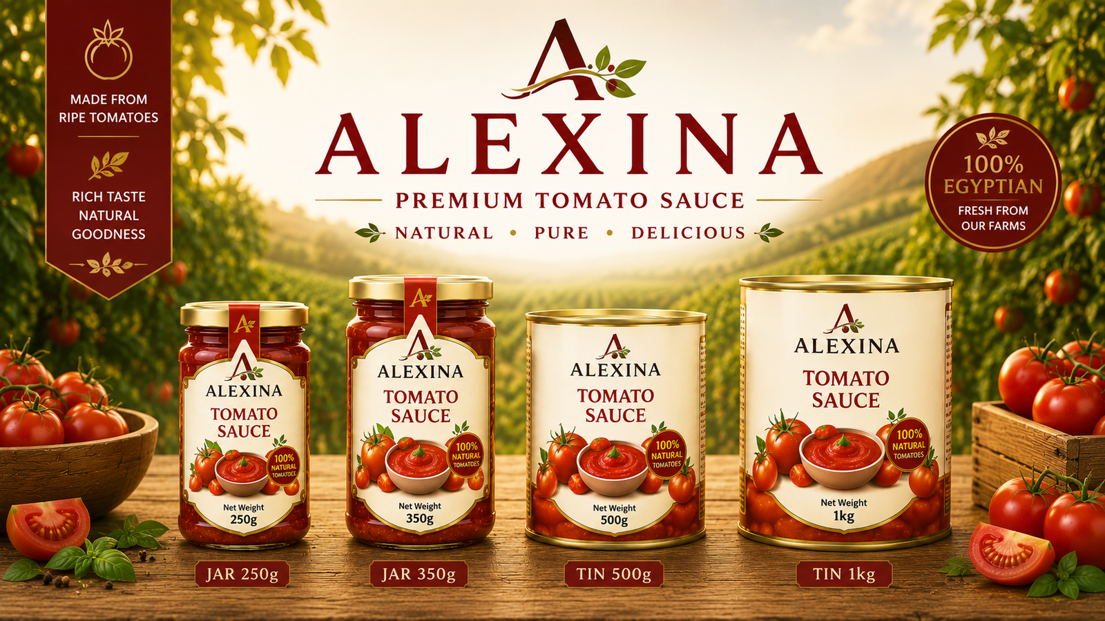 Premium Egyptian tomato sauce in different packaging formats and weights by Alexina Foods for wholesale, private label, and international markets.
