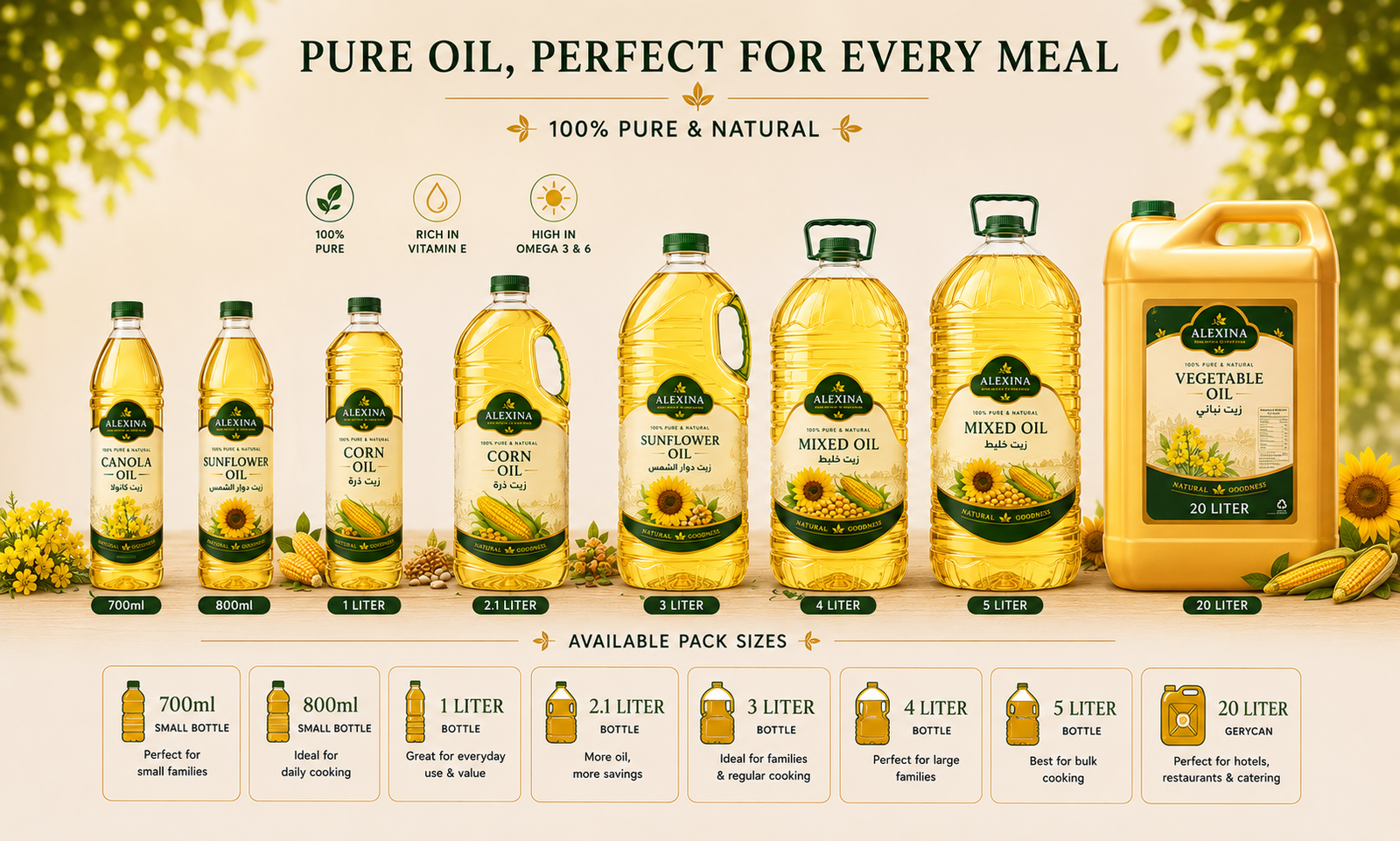 Premium Egyptian cooking oils in different types and packaging sizes by Alexina Foods for wholesale, private label, and international markets.