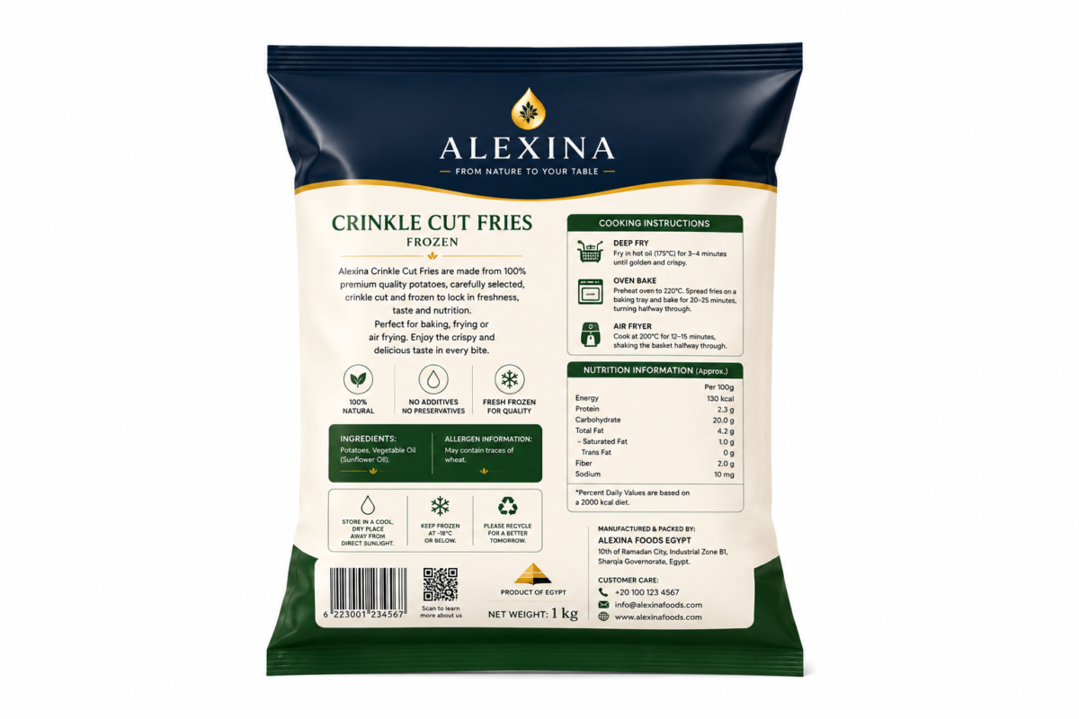 Alexina Premium Frozen Crinkle Cut Fries from Egypt – Crispy IQF crinkle cut potato fries for restaurants, supermarkets, wholesale, and worldwide export