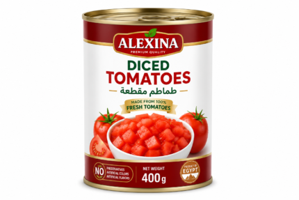 Alexina Premium Diced Tomatoes made from fresh natural tomatoes, premium Egyptian diced tomato supplier and exporter for wholesale and bulk orders.
