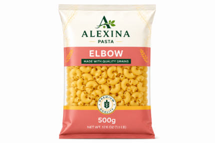 Alexina Premium Elbow Pasta made from high-quality durum wheat semolina, premium Egyptian pasta supplier and exporter for wholesale and bulk orders.