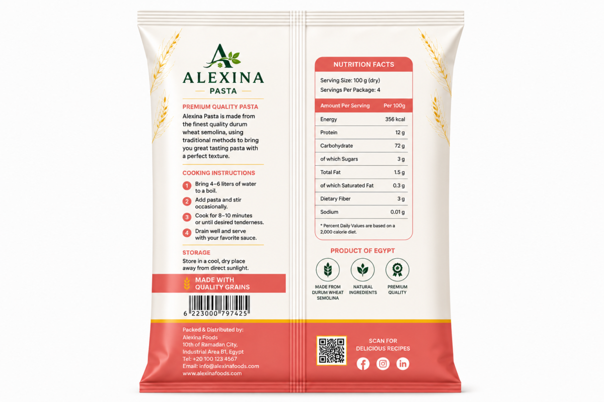 Alexina Premium Elbow Pasta made from high-quality durum wheat semolina, premium Egyptian pasta supplier and exporter for wholesale and bulk orders.
