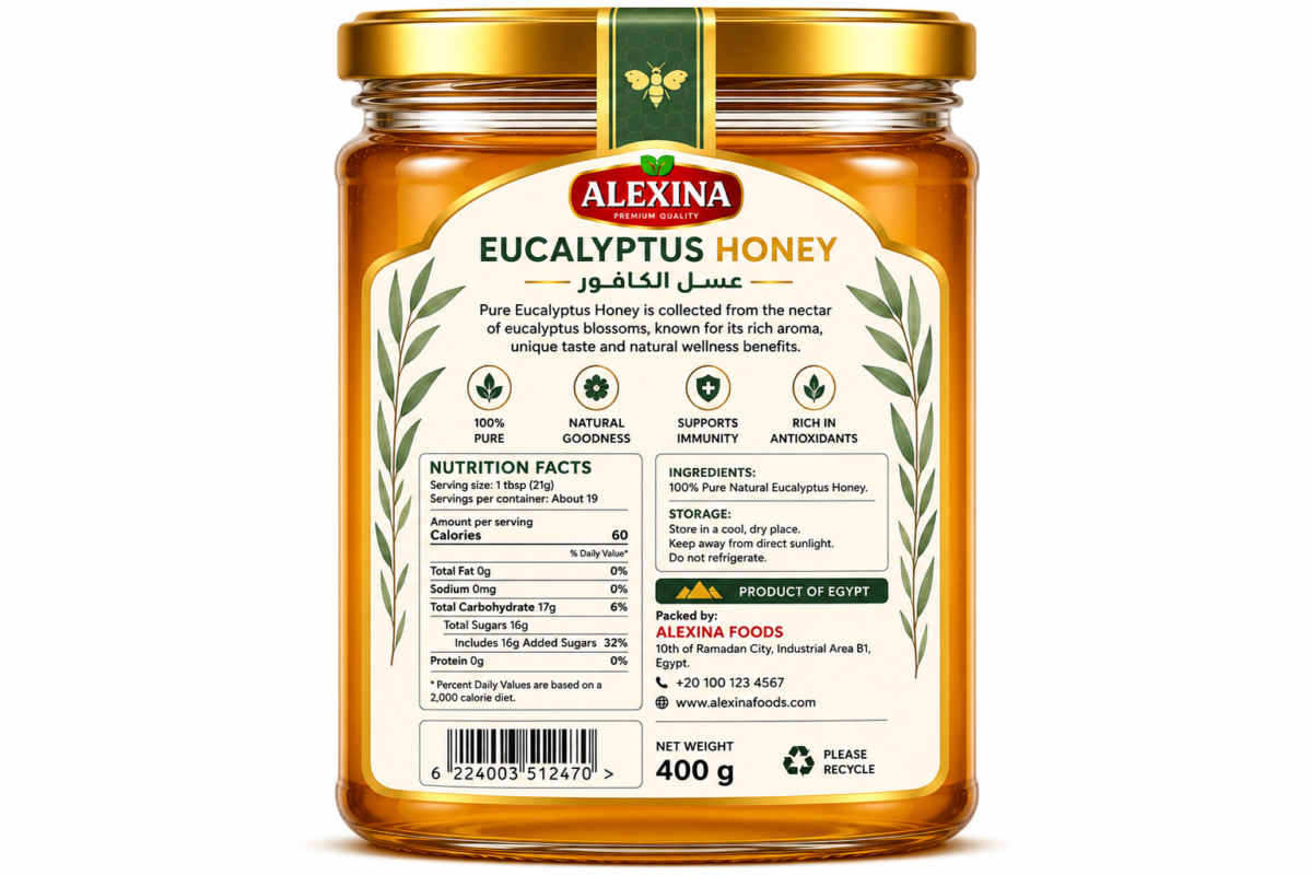 Alexina Premium Eucalyptus Honey, pure natural honey with rich flavor and premium quality, Egyptian honey supplier and exporter for wholesale and bulk orders.