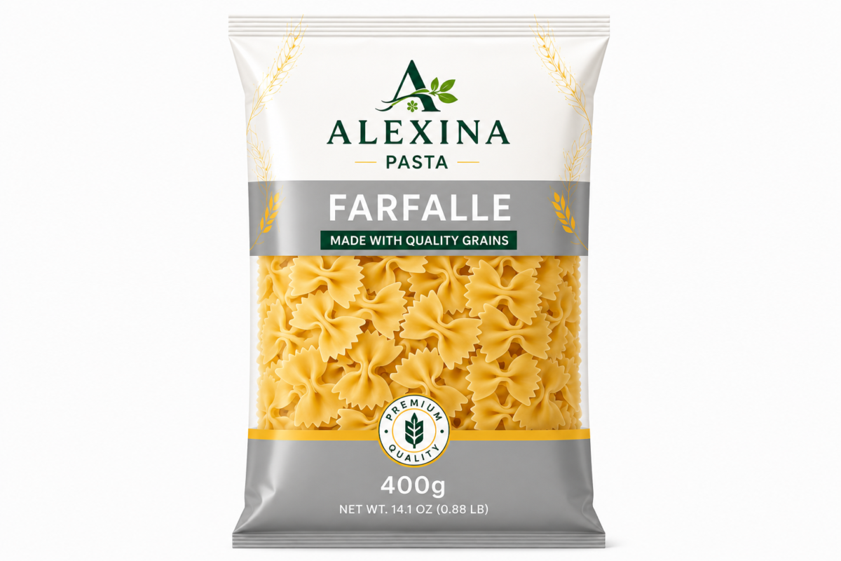 Alexina Premium Farfalle Pasta made from high-quality durum wheat semolina, premium Egyptian pasta supplier and exporter for wholesale and bulk orders.