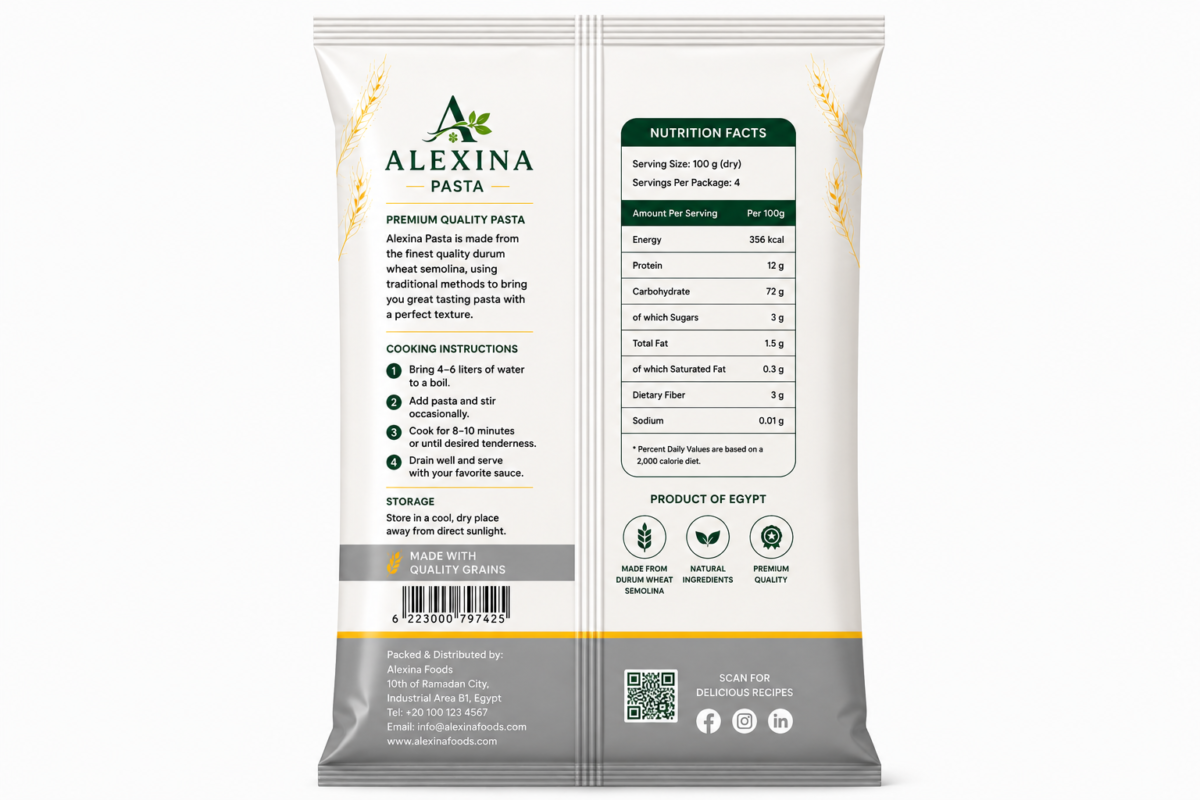 Alexina Premium Farfalle Pasta made from high-quality durum wheat semolina, premium Egyptian pasta supplier and exporter for wholesale and bulk orders.