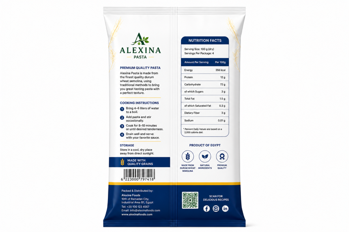 Alexina Premium Fettuccine Pasta made from high-quality durum wheat semolina, premium Egyptian pasta supplier and exporter for wholesale and bulk orders.