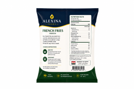 Alexina Premium French Fries made from high-quality potatoes, premium Egyptian frozen potato supplier and exporter for wholesale and bulk orders.