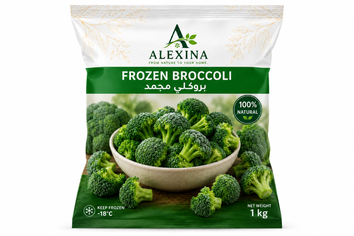 Premium Egyptian frozen broccoli florets by Alexina Foods, packed for wholesale, private label, food service, and worldwide export.