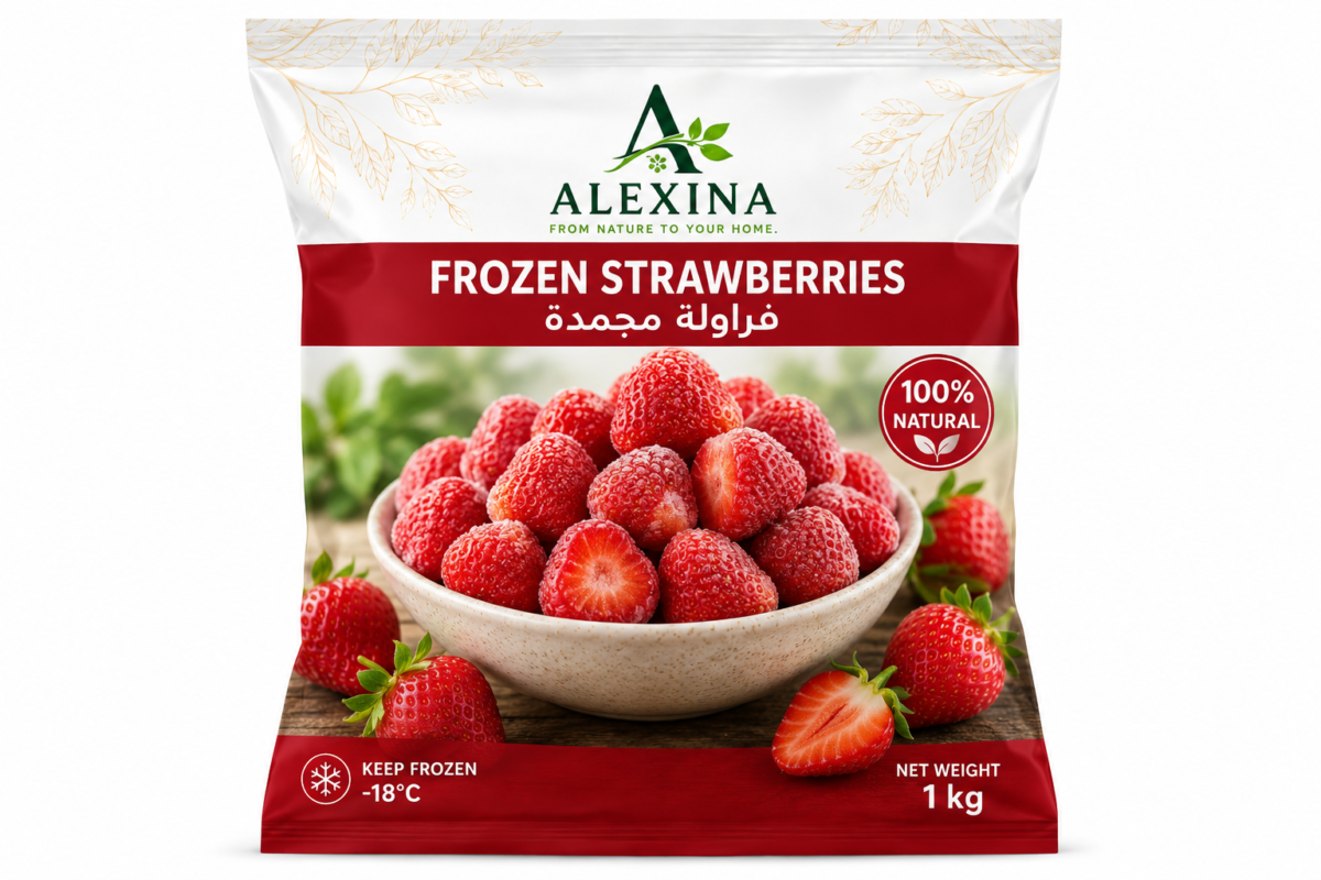 Premium Egyptian frozen strawberries by Alexina Foods, packed for wholesale, private label, food service, and worldwide export.
