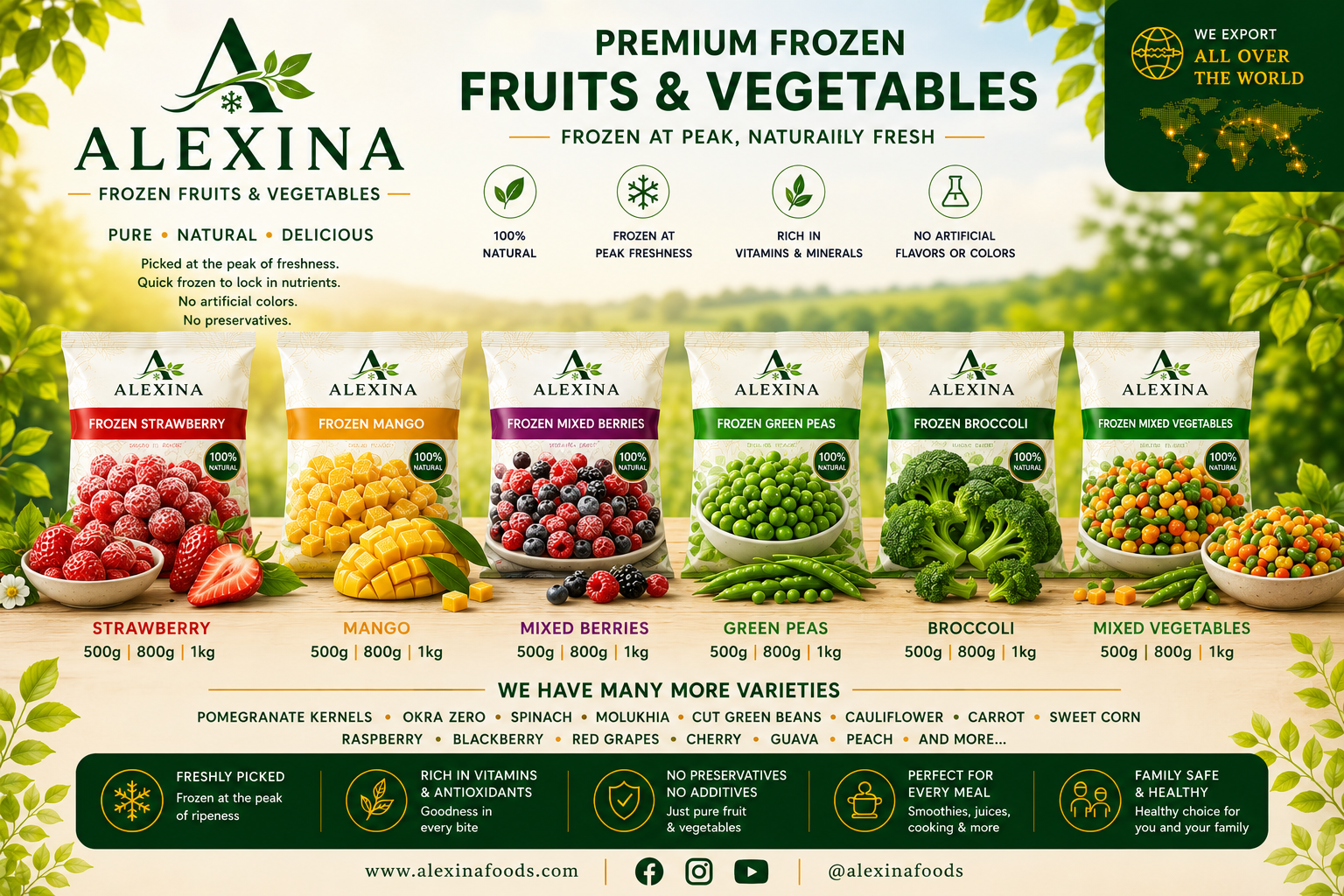 Premium Egyptian frozen fruits and vegetables in different packaging sizes by Alexina Foods for wholesale, private label, and international markets.