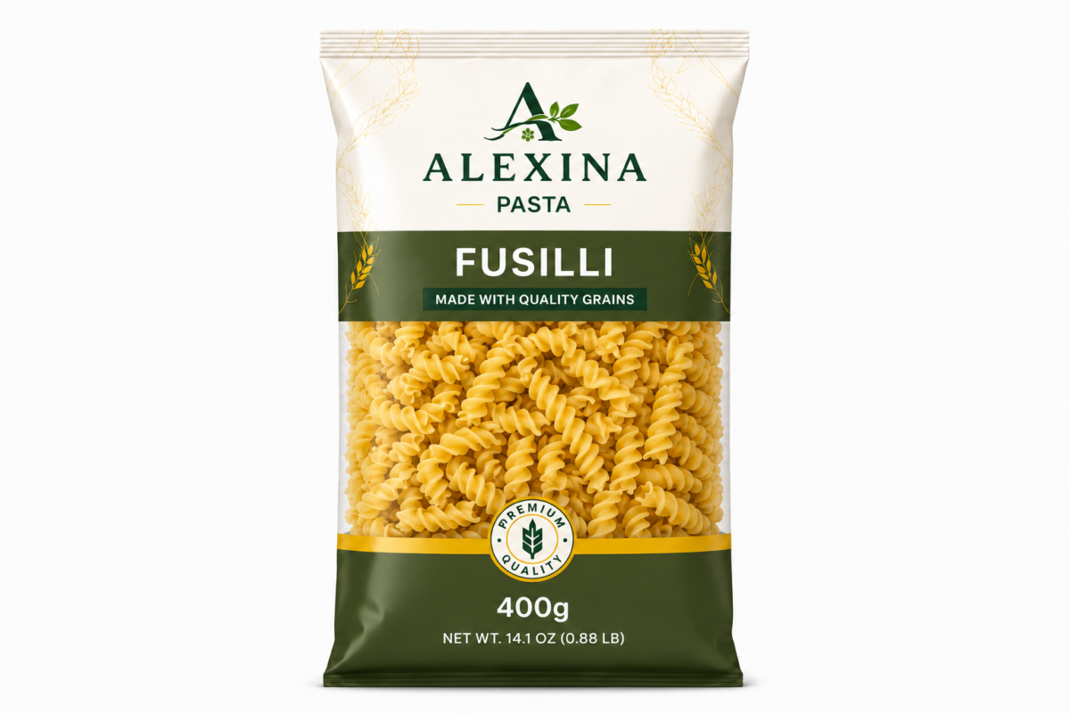 Alexina Premium Fusilli Pasta made from high-quality durum wheat semolina, premium Egyptian pasta supplier and exporter for wholesale and bulk orders.