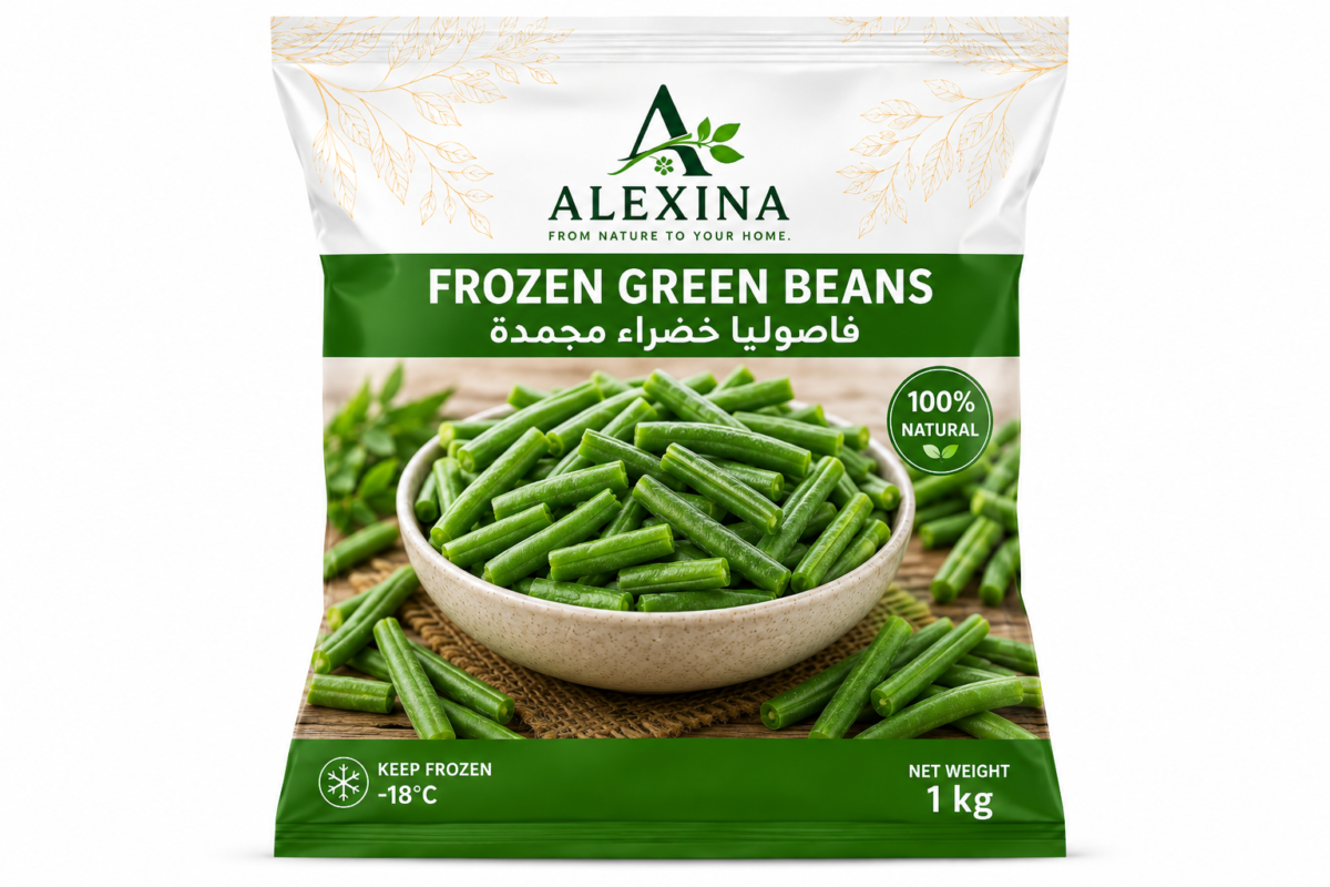 Premium Egyptian frozen green beans by Alexina Foods, packed for wholesale, private label, food service, and worldwide export.