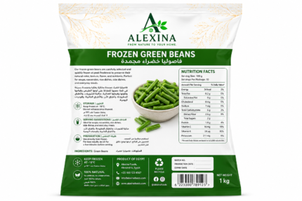 Premium Egyptian frozen green beans by Alexina Foods, packed for wholesale, private label, food service, and worldwide export.