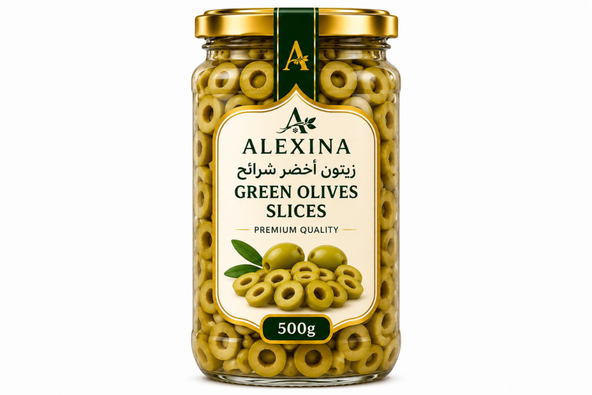 Premium Egyptian Sliced Green Olives in Glass Jar | Alexina Foods Exporter