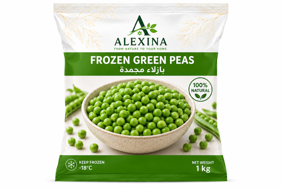Premium Egyptian frozen green peas by Alexina Foods, packed for wholesale, private label, food service, and worldwide export.