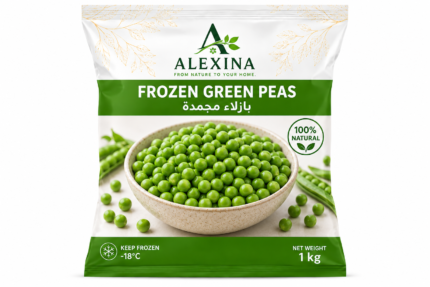 Premium Egyptian frozen green peas by Alexina Foods, packed for wholesale, private label, food service, and worldwide export.