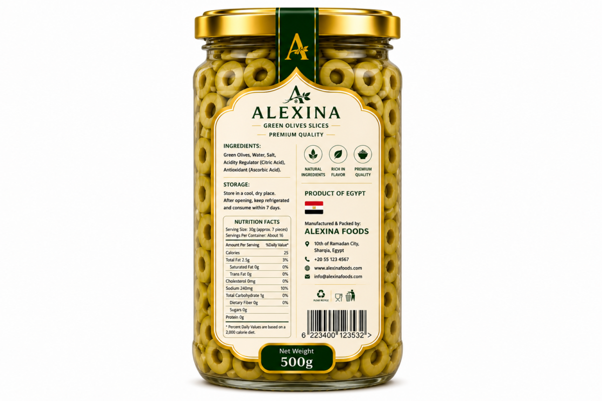 Premium Egyptian Sliced Green Olives in Glass Jar | Alexina Foods Exporter