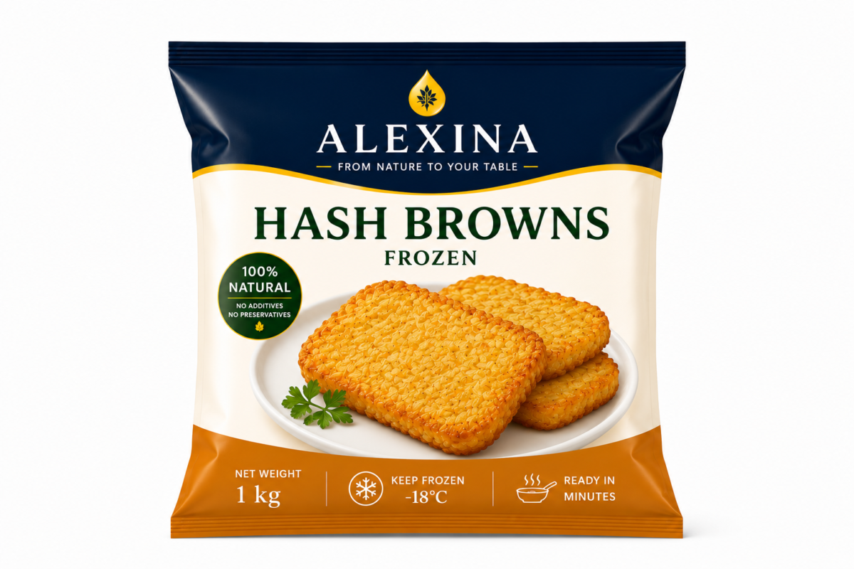 Alexina Premium Frozen Hash Browns from Egypt – Crispy IQF hash browns for breakfast, restaurants, supermarkets, wholesale, and worldwide export
