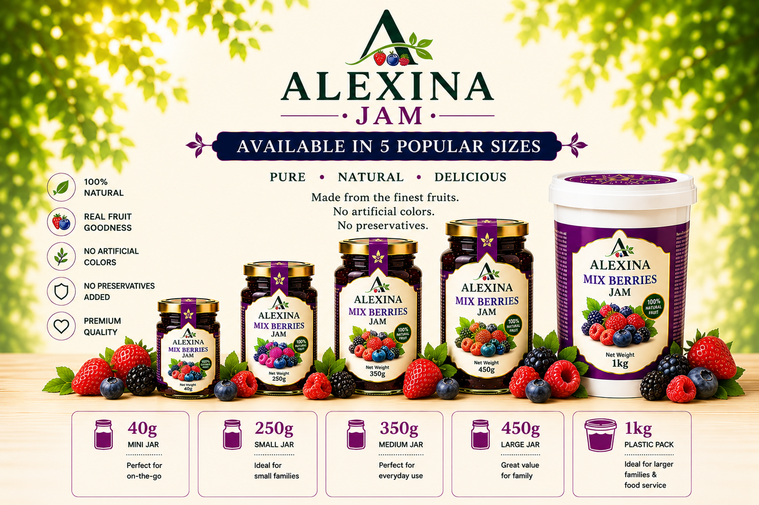 Premium Egyptian mixed berries jam in different packaging sizes by Alexina Foods for wholesale, private label, and international markets.