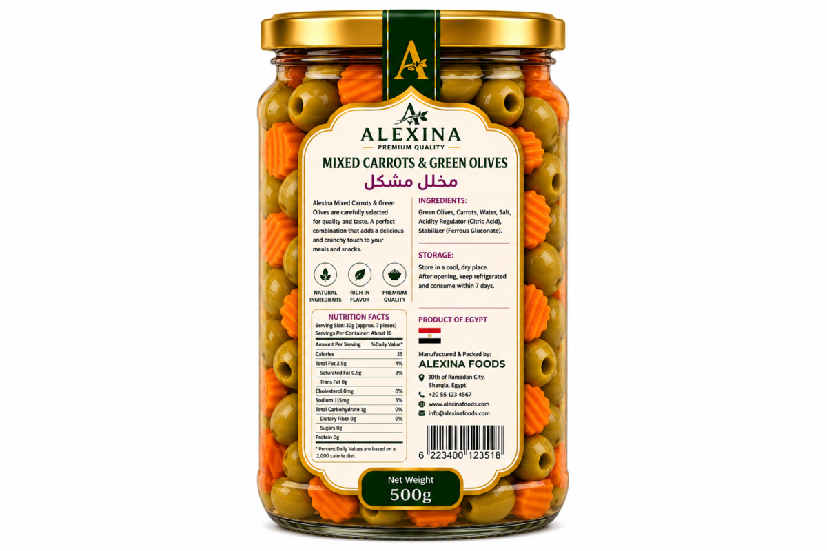 Premium Egyptian Mixed Pickles with Carrots and Green Olives in Glass Jar | Alexina Foods Exporter