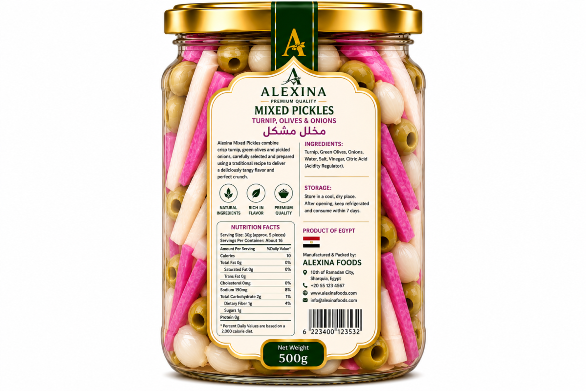 Premium Egyptian Mixed Pickles with Turnip, Olives and Onions in Glass Jar | Alexina Foods Exporter