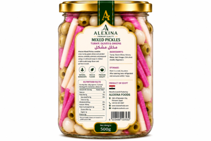 Premium Egyptian Mixed Pickles with Turnip, Olives and Onions in Glass Jar | Alexina Foods Exporter