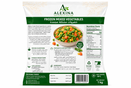 Premium Egyptian frozen mixed vegetables by Alexina Foods, packed for wholesale, private label, food service, and worldwide export.