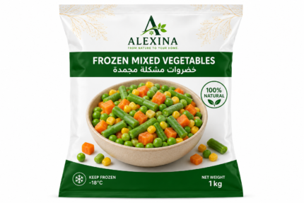 Premium Egyptian frozen mixed vegetables by Alexina Foods, packed for wholesale, private label, food service, and worldwide export.