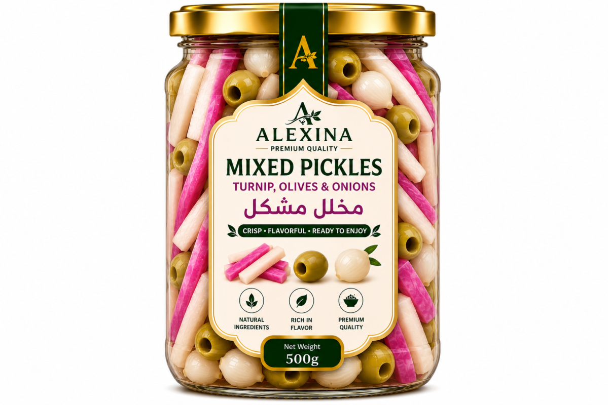 Premium Egyptian Mixed Pickles with Turnip, Olives and Onions in Glass Jar | Alexina Foods Exporter