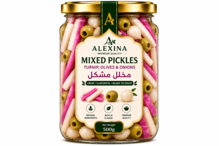 Premium Egyptian Mixed Pickles with Turnip, Olives and Onions in Glass Jar | Alexina Foods Exporter