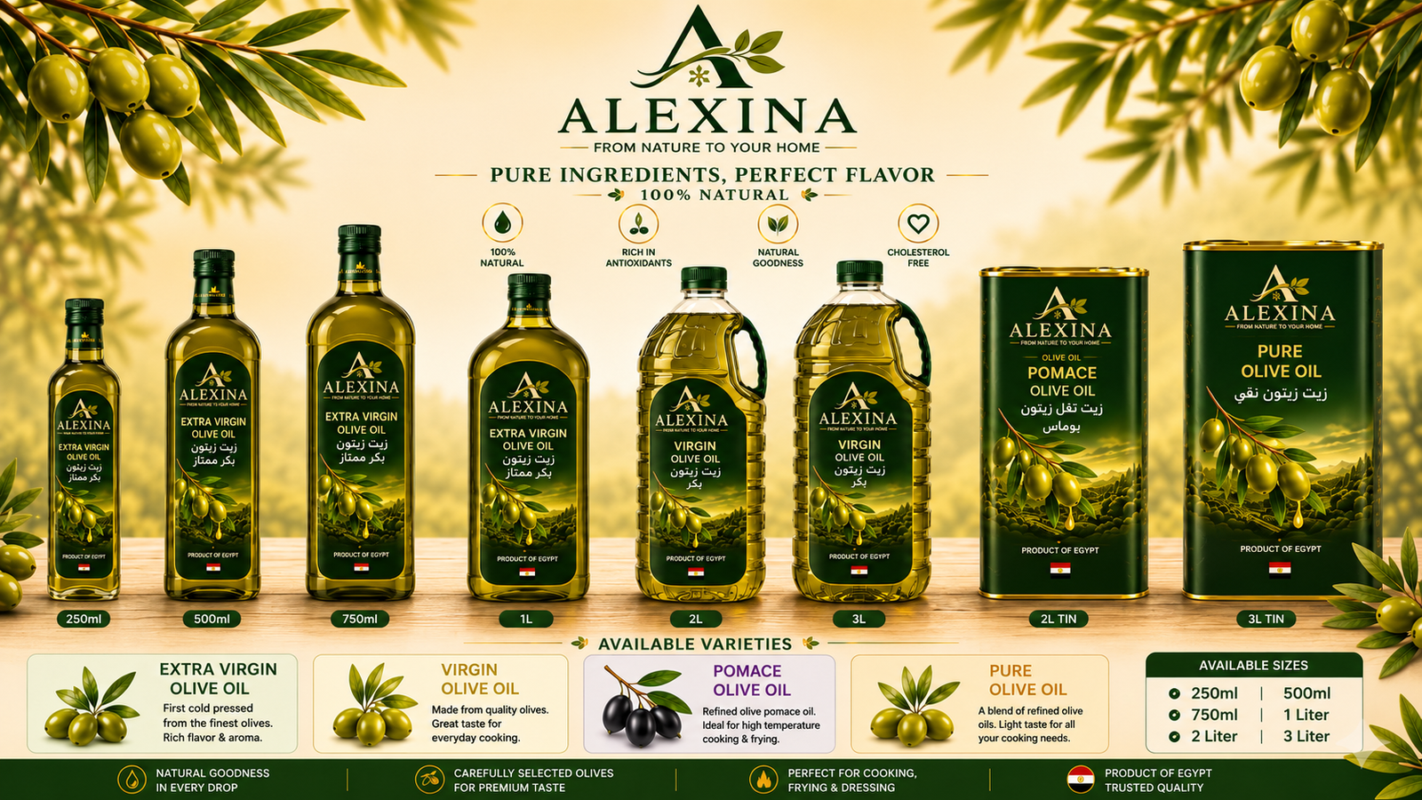 Premium Egyptian olive oil in different packaging formats and grades by Alexina Foods for wholesale, private label, and international markets.