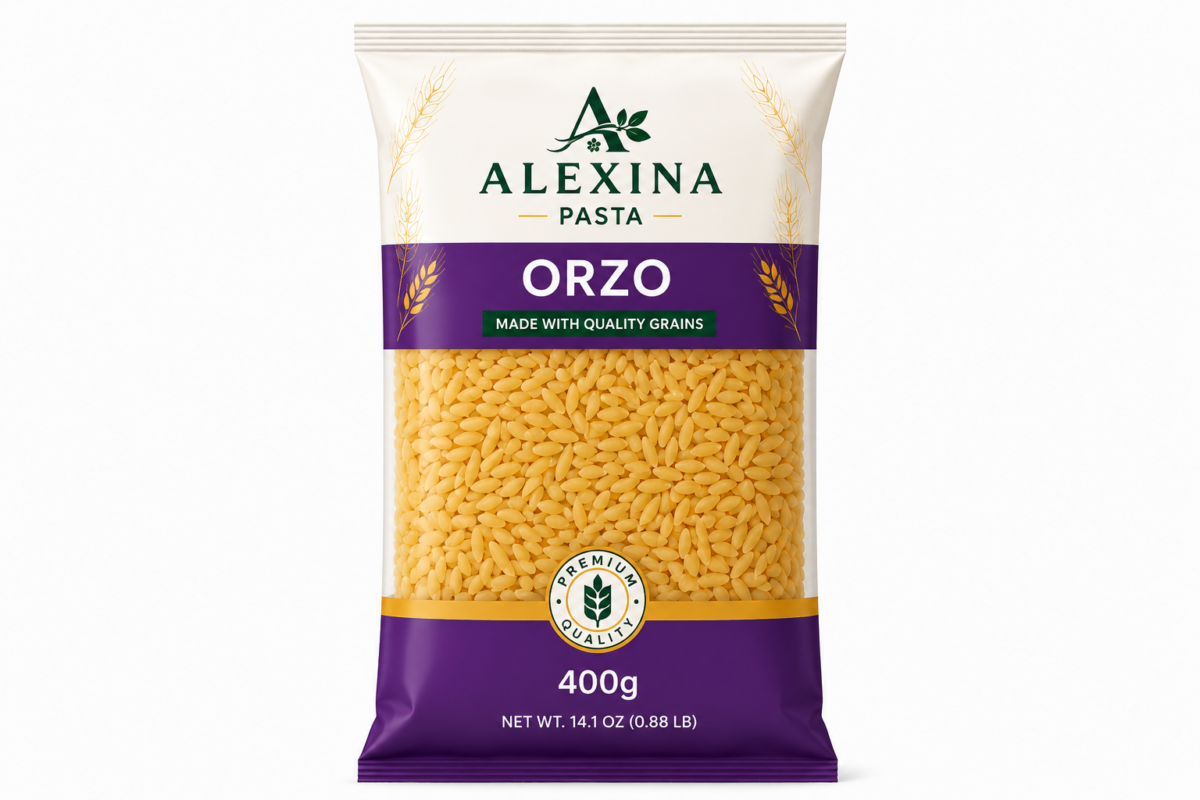 Alexina Premium Orzo Risoni Pasta made from high-quality durum wheat semolina, premium Egyptian pasta supplier and exporter for wholesale and bulk orders.