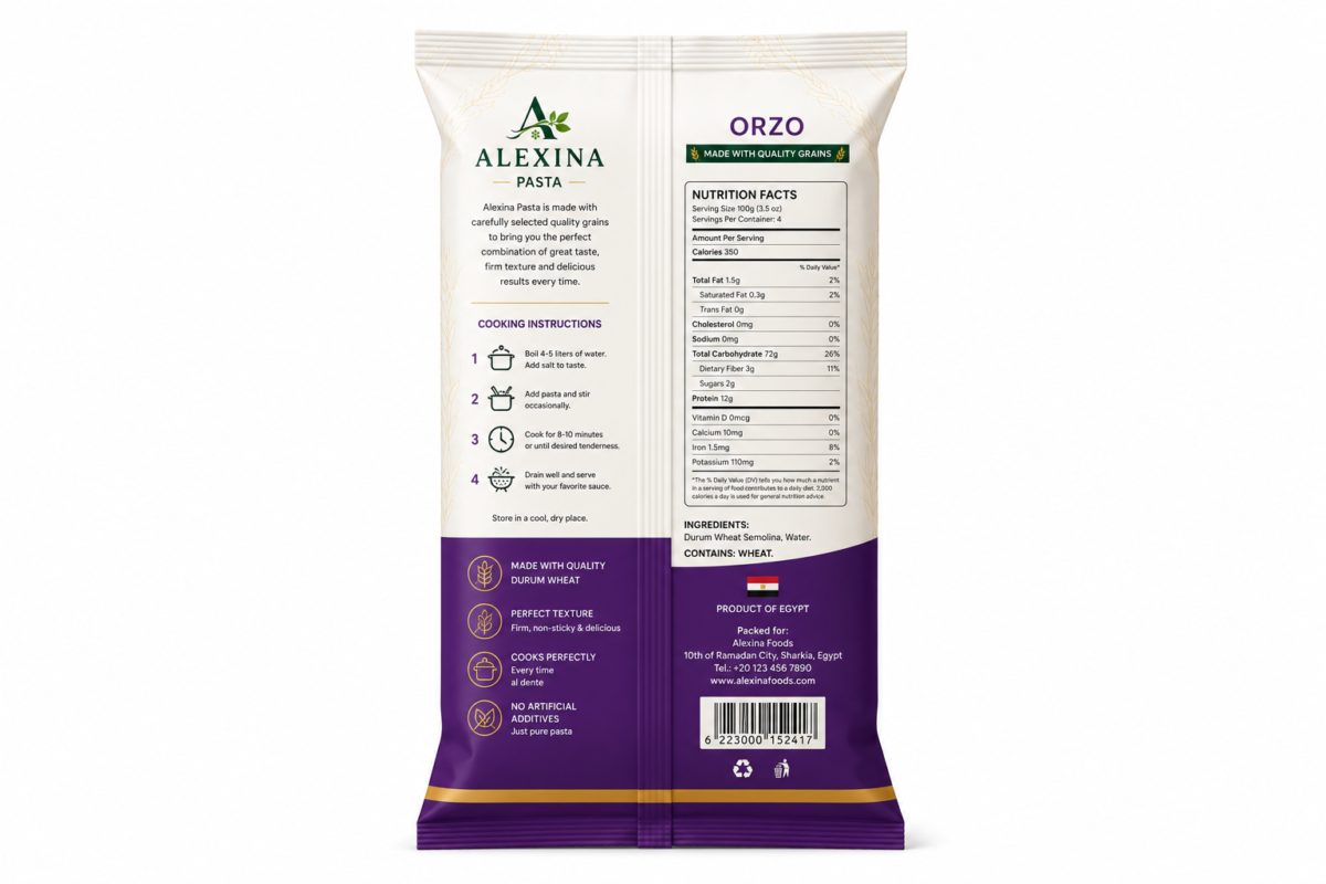 Alexina Premium Orzo Risoni Pasta made from high-quality durum wheat semolina, premium Egyptian pasta supplier and exporter for wholesale and bulk orders.