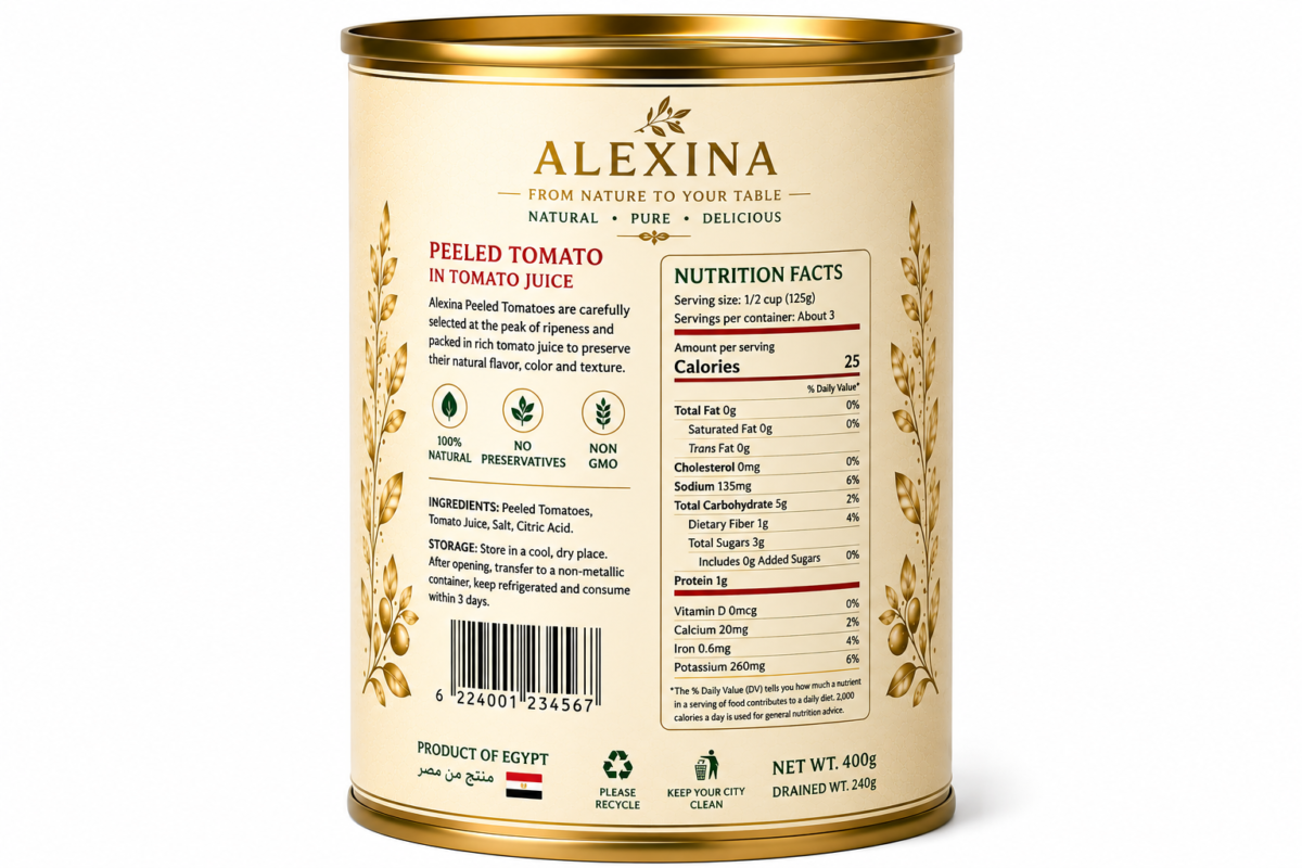 Alexina Foods Egyptian Canned Peeled Tomatoes Exporter